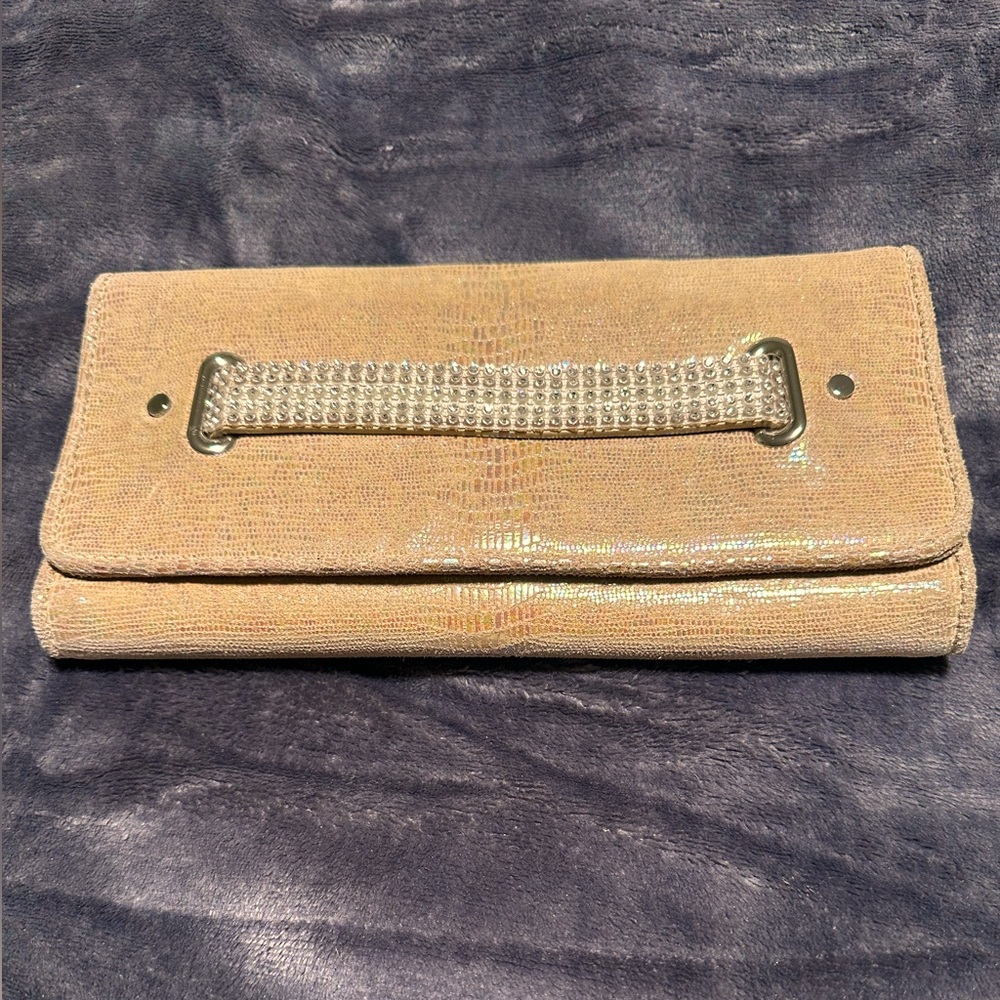 Clutch handbag - irrdescent Italian leather & Rhinestone gems on slide handle